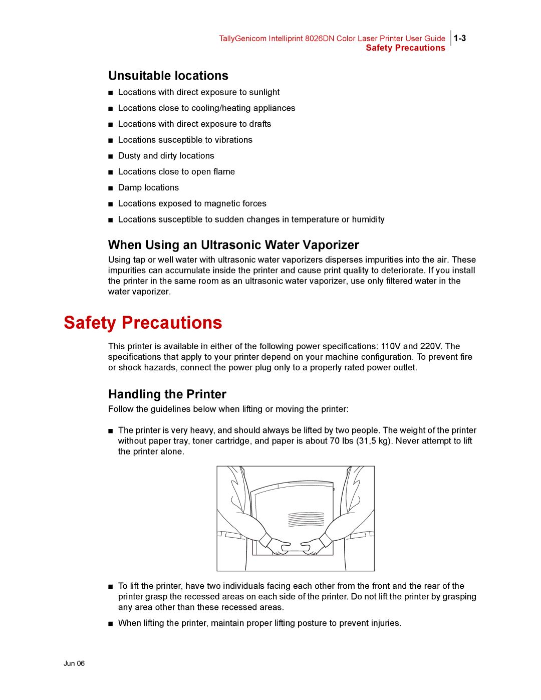 Tally Genicom 8026DN manual Safety Precautions, Unsuitable locations, When Using an Ultrasonic Water Vaporizer 