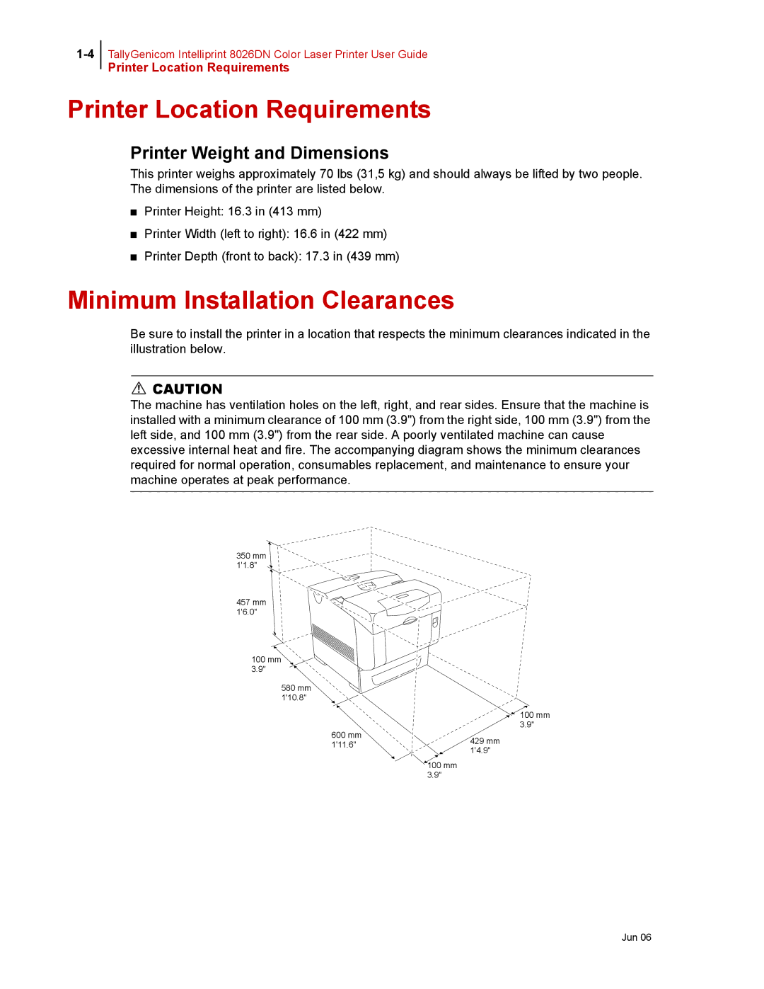 Tally Genicom 8026DN manual Printer Location Requirements, Minimum Installation Clearances, Printer Weight and Dimensions 