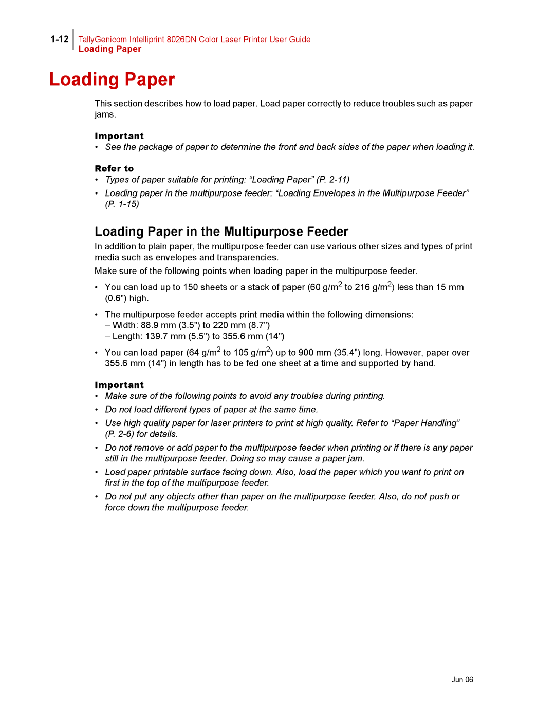 Tally Genicom 8026DN manual Loading Paper in the Multipurpose Feeder 