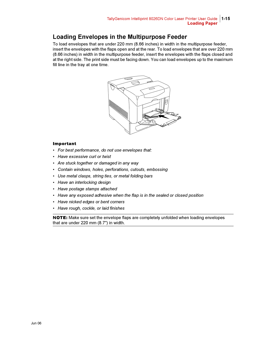 Tally Genicom 8026DN manual Loading Envelopes in the Multipurpose Feeder 