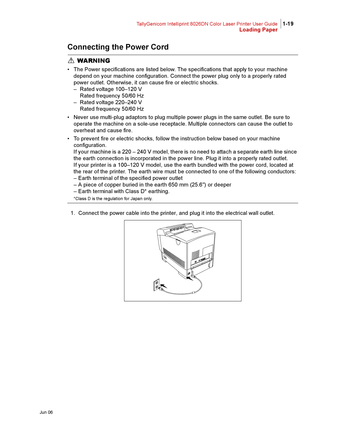 Tally Genicom 8026DN manual Connecting the Power Cord 