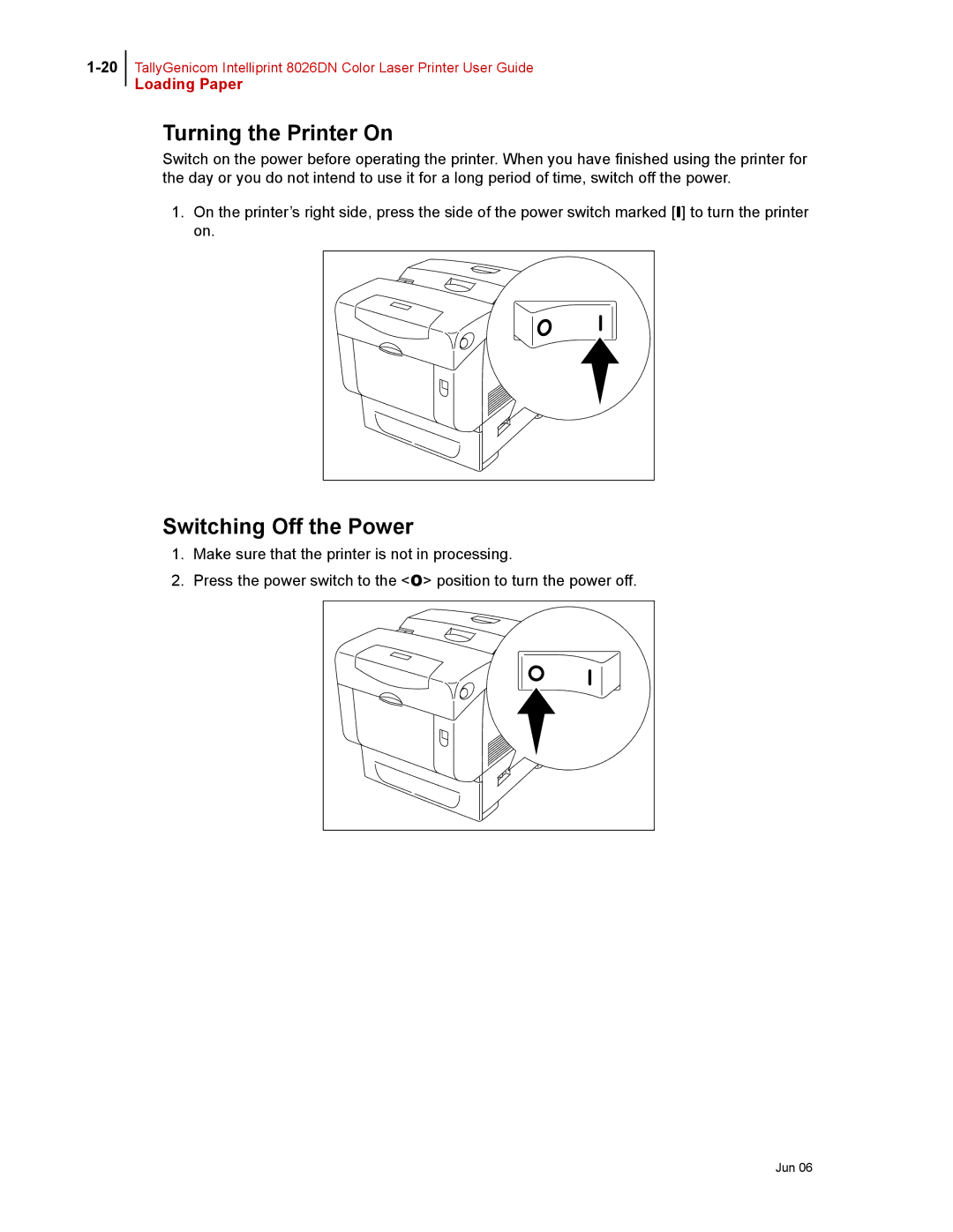 Tally Genicom 8026DN manual Turning the Printer On, Switching Off the Power 