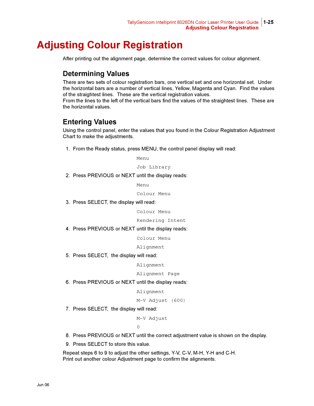 Tally Genicom 8026DN manual Adjusting Colour Registration, Determining Values, Entering Values 
