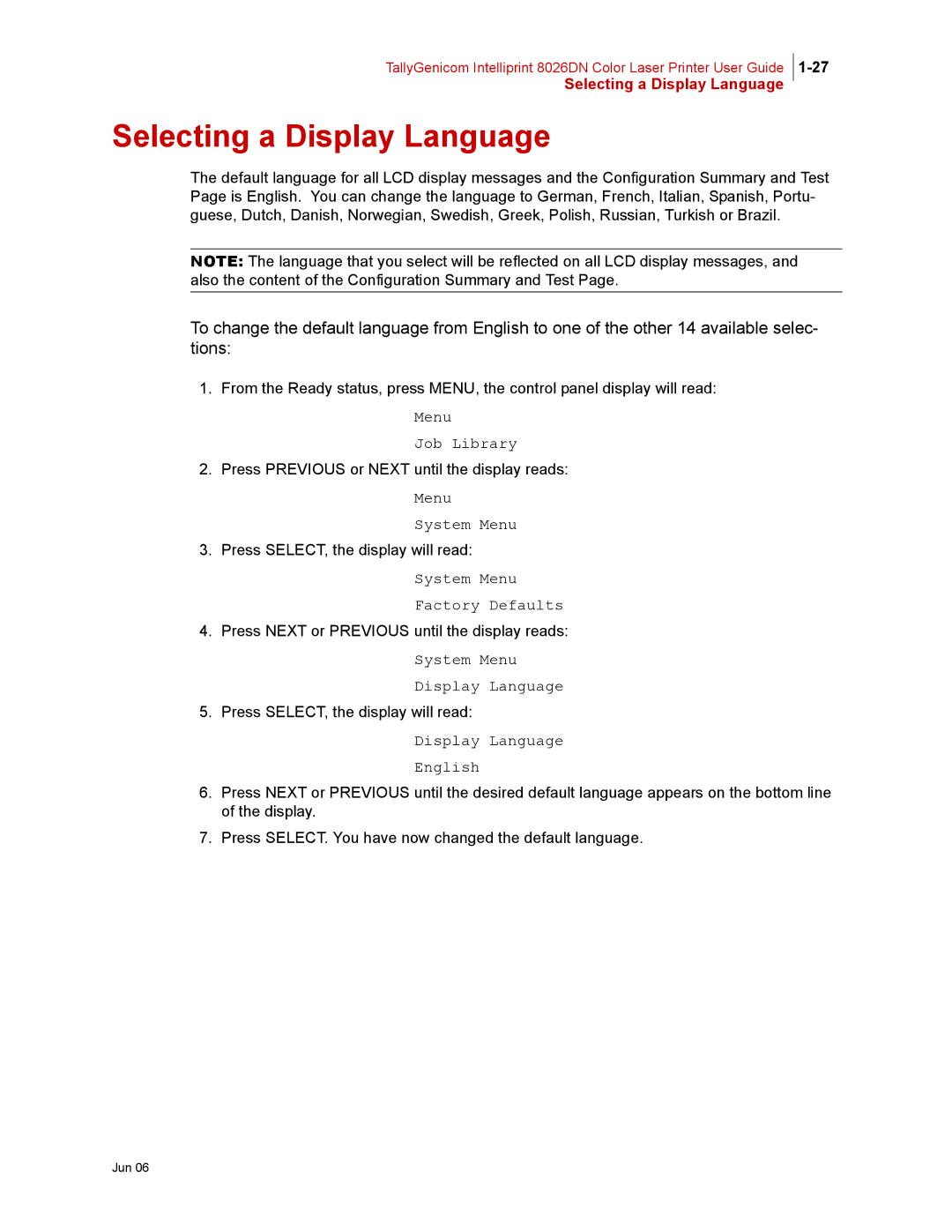 Tally Genicom 8026DN manual Selecting a Display Language, Display Language English 