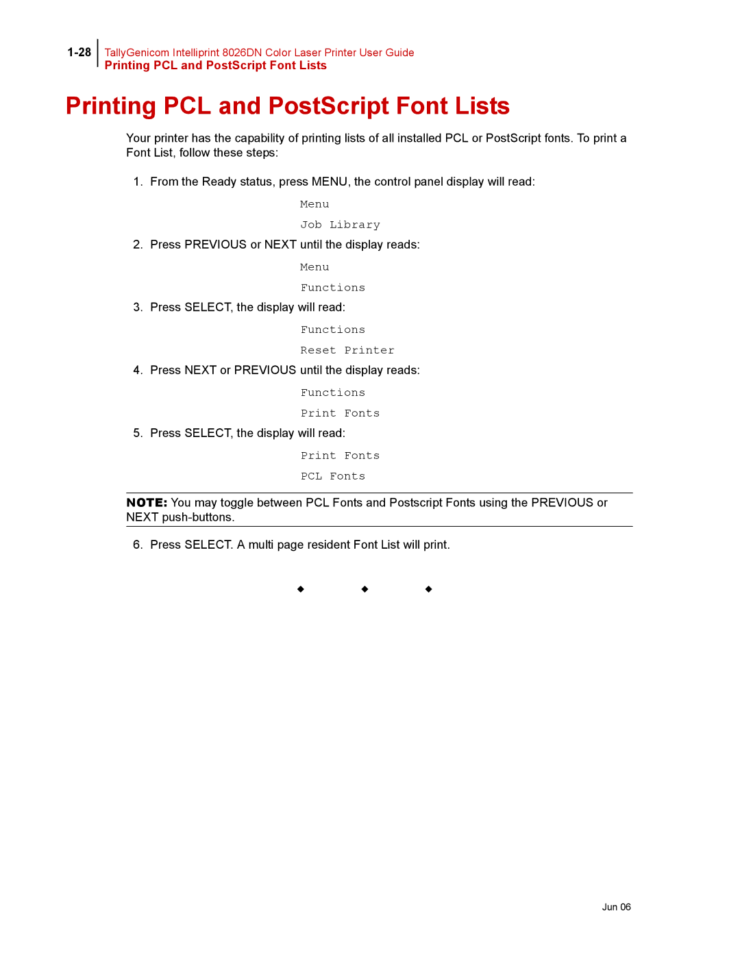 Tally Genicom 8026DN manual Printing PCL and PostScript Font Lists 