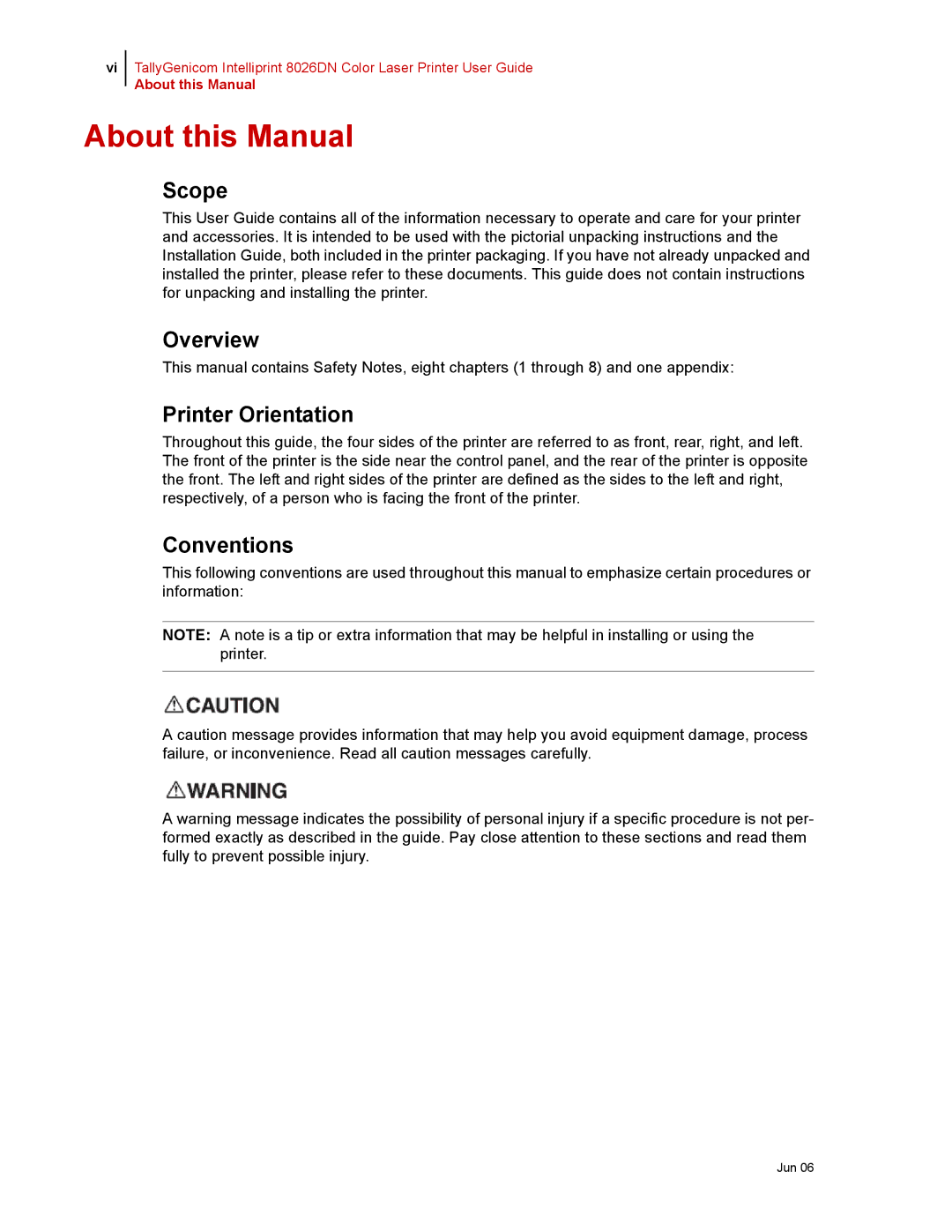 Tally Genicom 8026DN manual About this Manual, Scope, Overview, Printer Orientation, Conventions 