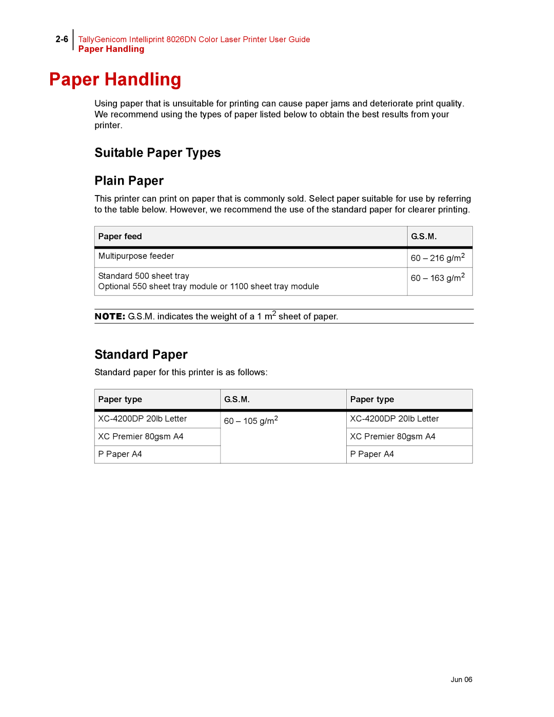 Tally Genicom 8026DN manual Paper Handling, Suitable Paper Types Plain Paper, Standard Paper, Paper feed, Paper type 