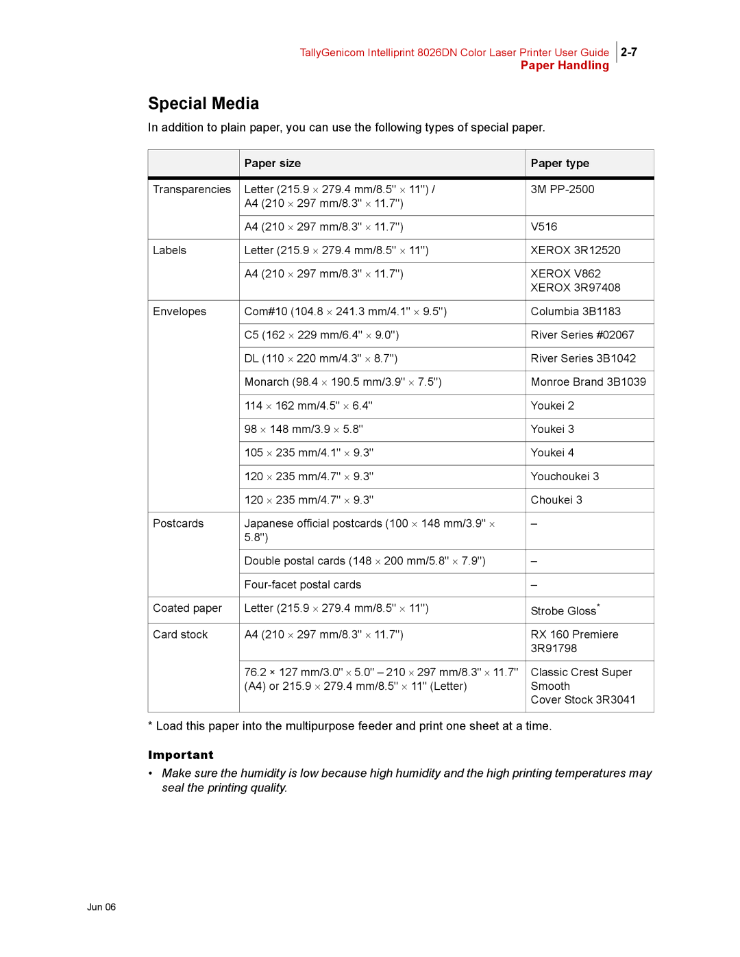 Tally Genicom 8026DN manual Special Media, Paper size Paper type 