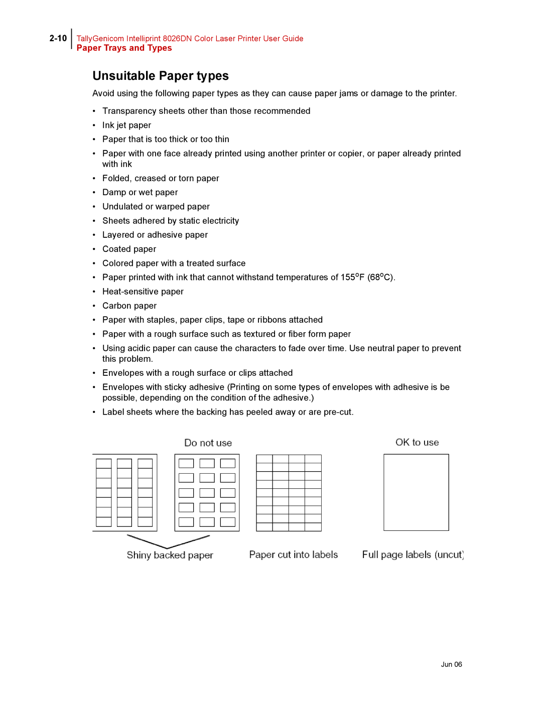 Tally Genicom 8026DN manual Unsuitable Paper types 