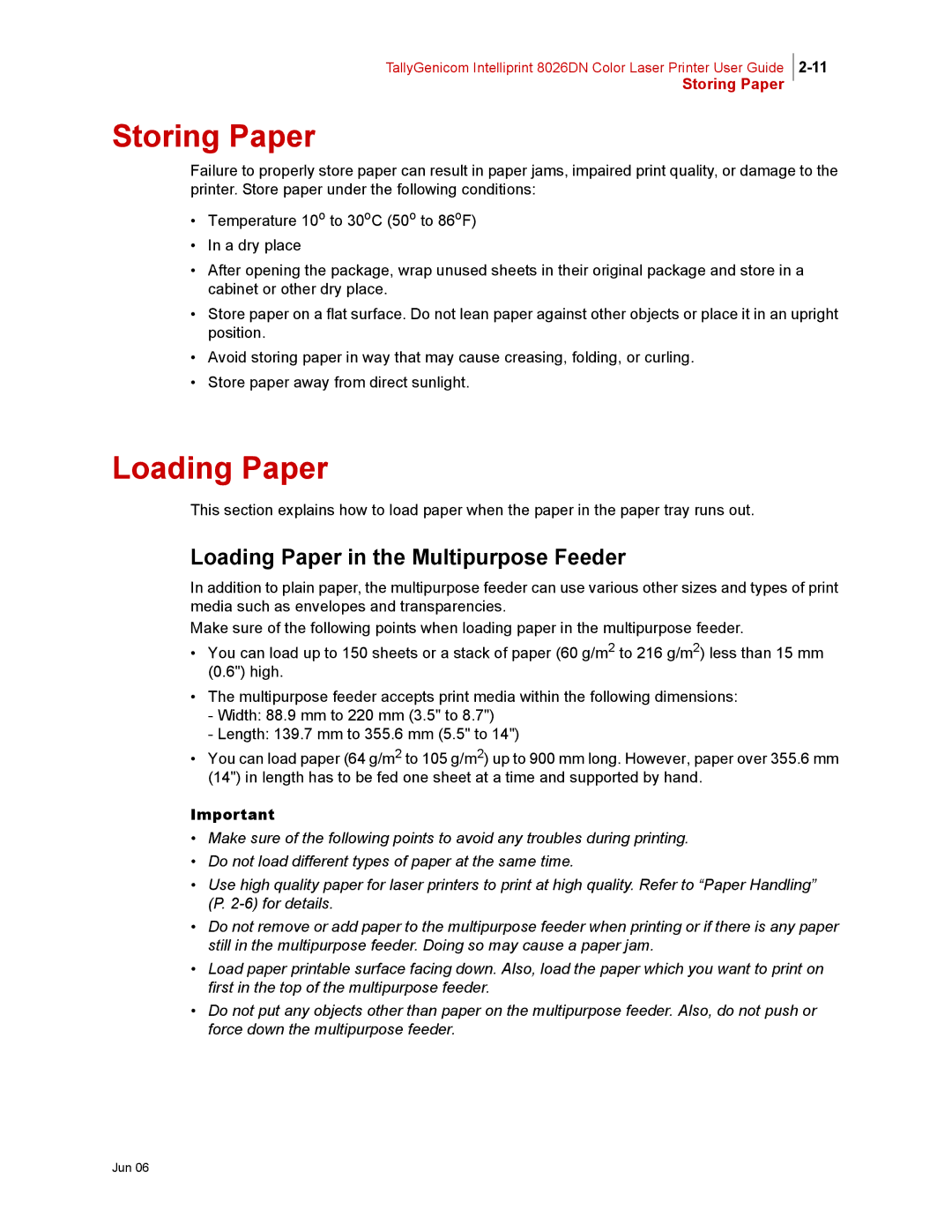 Tally Genicom 8026DN manual Storing Paper, Loading Paper 