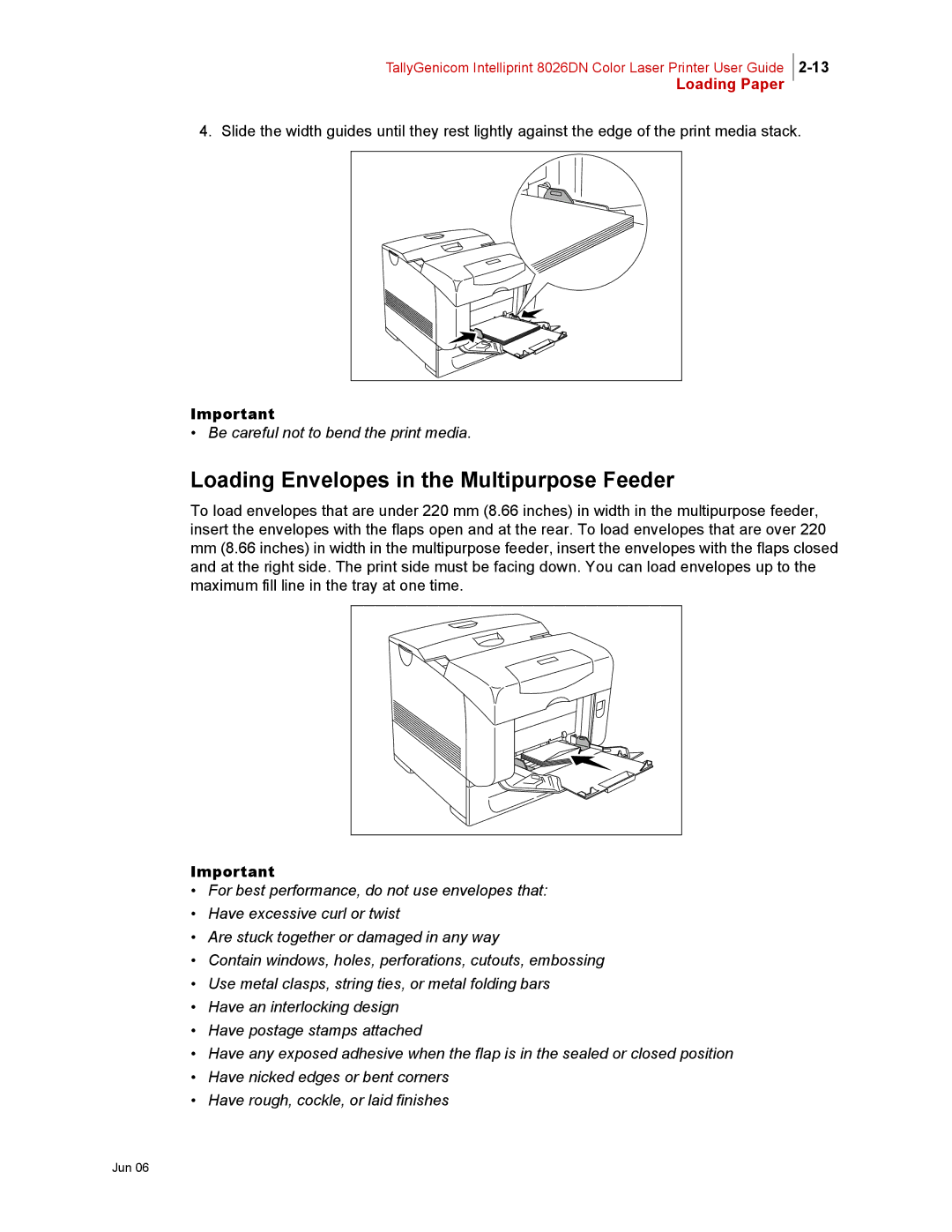 Tally Genicom 8026DN manual Loading Envelopes in the Multipurpose Feeder 