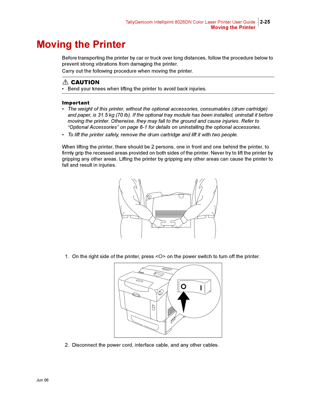 Tally Genicom 8026DN manual Moving the Printer 