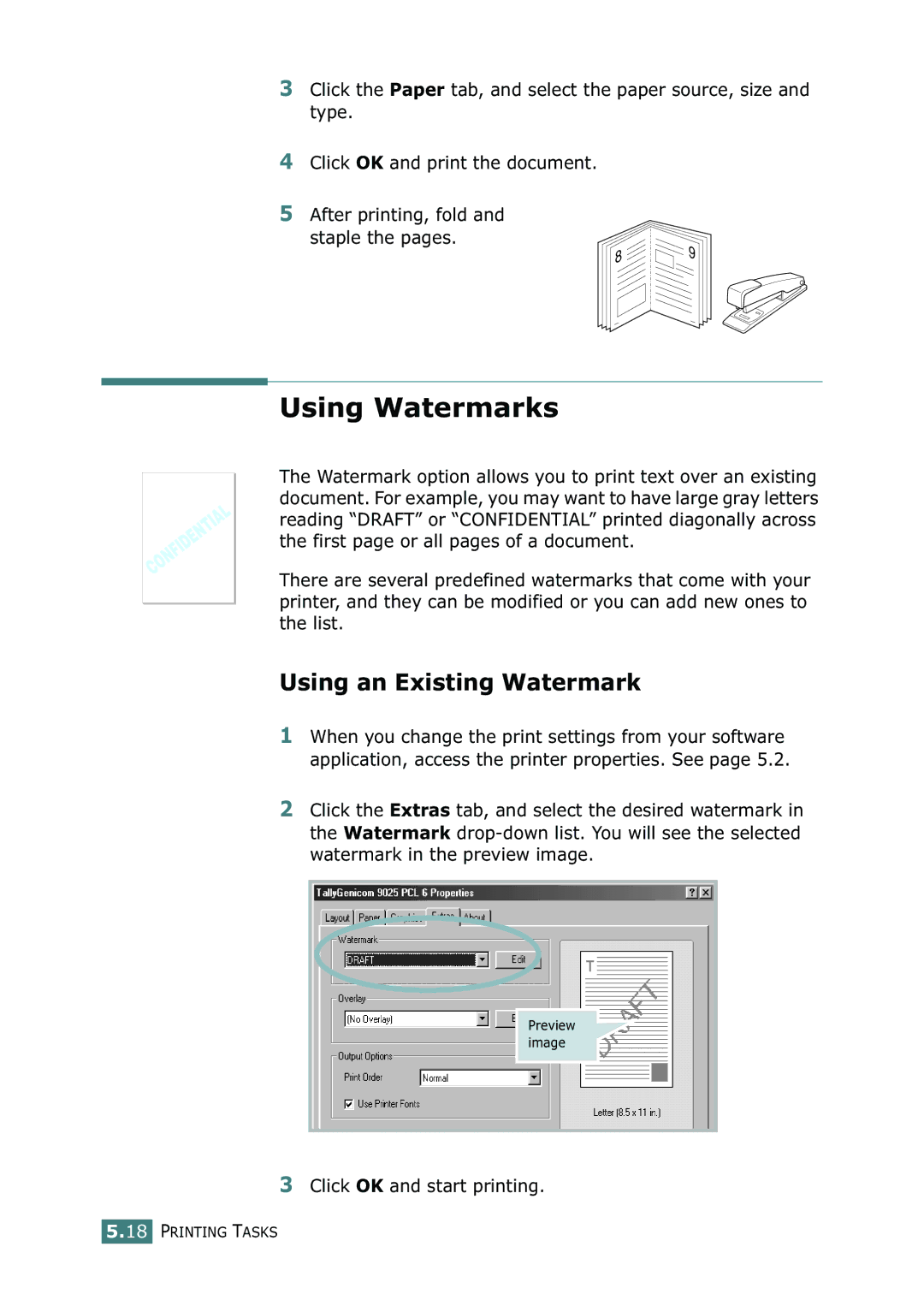 Tally Genicom 9025N manual Using Watermarks, Using an Existing Watermark, Click OK and start printing 