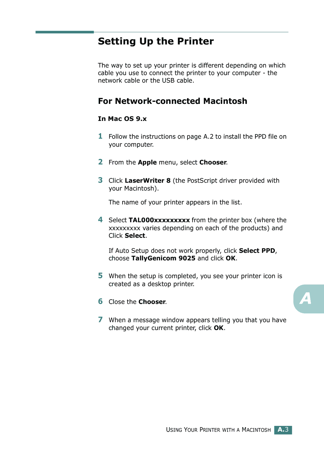 Tally Genicom 9025N manual Setting Up the Printer, For Network-connected Macintosh, Mac OS 