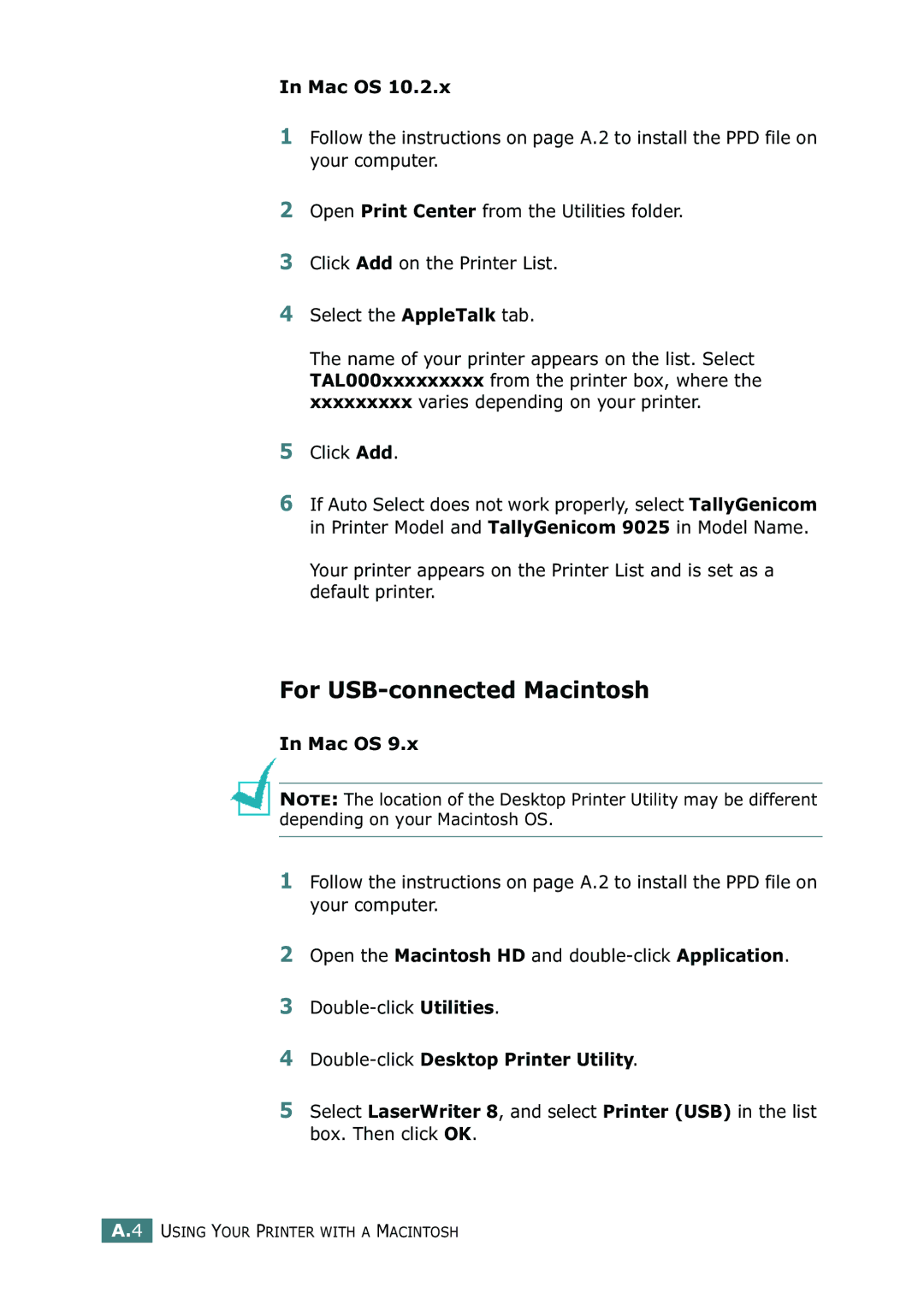 Tally Genicom 9025N manual For USB-connected Macintosh, Click Add, Double-clickDesktop Printer Utility 