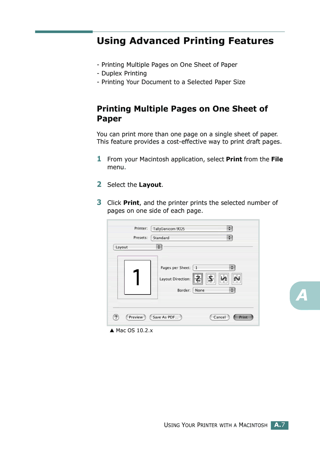 Tally Genicom 9025N manual Using Advanced Printing Features, Printing Multiple Pages on One Sheet of Paper 