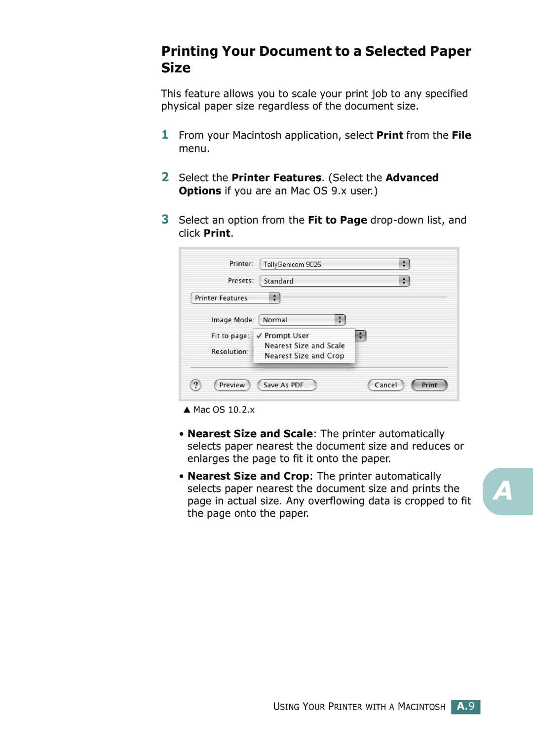 Tally Genicom 9025N manual Printing Your Document to a Selected Paper Size 