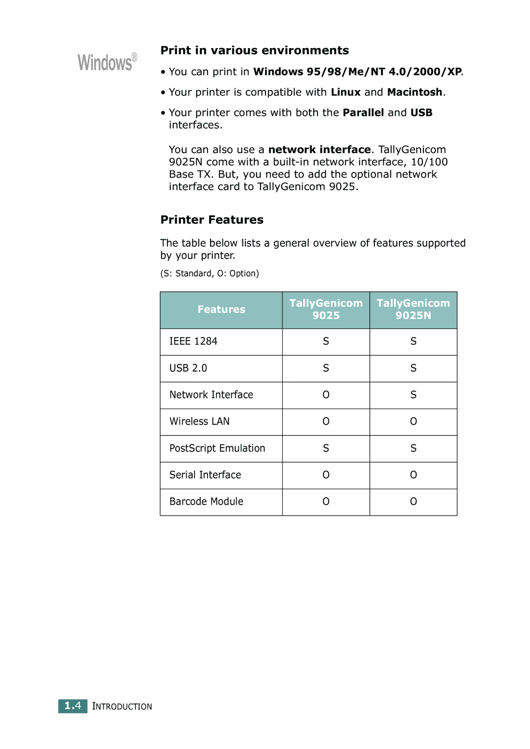 Tally Genicom 9025 manual Print in various environments, Printer Features, You can print in Windows 95/98/Me/NT 4.0/2000/XP 