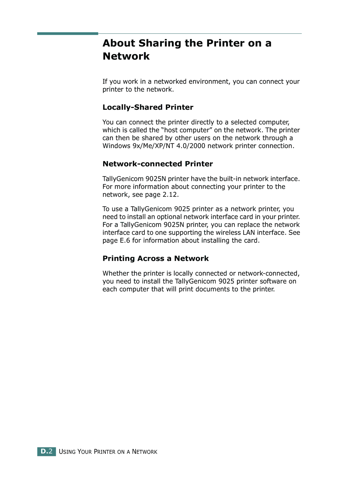 Tally Genicom 9025N manual About Sharing the Printer on a Network, Locally-Shared Printer, Network-connected Printer 