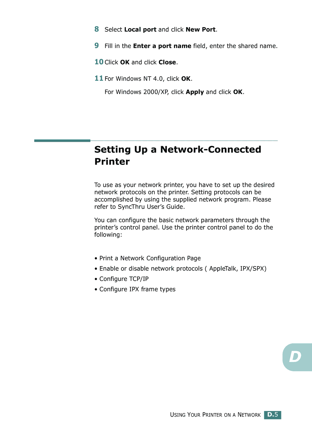 Tally Genicom 9025N manual Setting Up a Network-Connected Printer, Select Local port and click New Port 