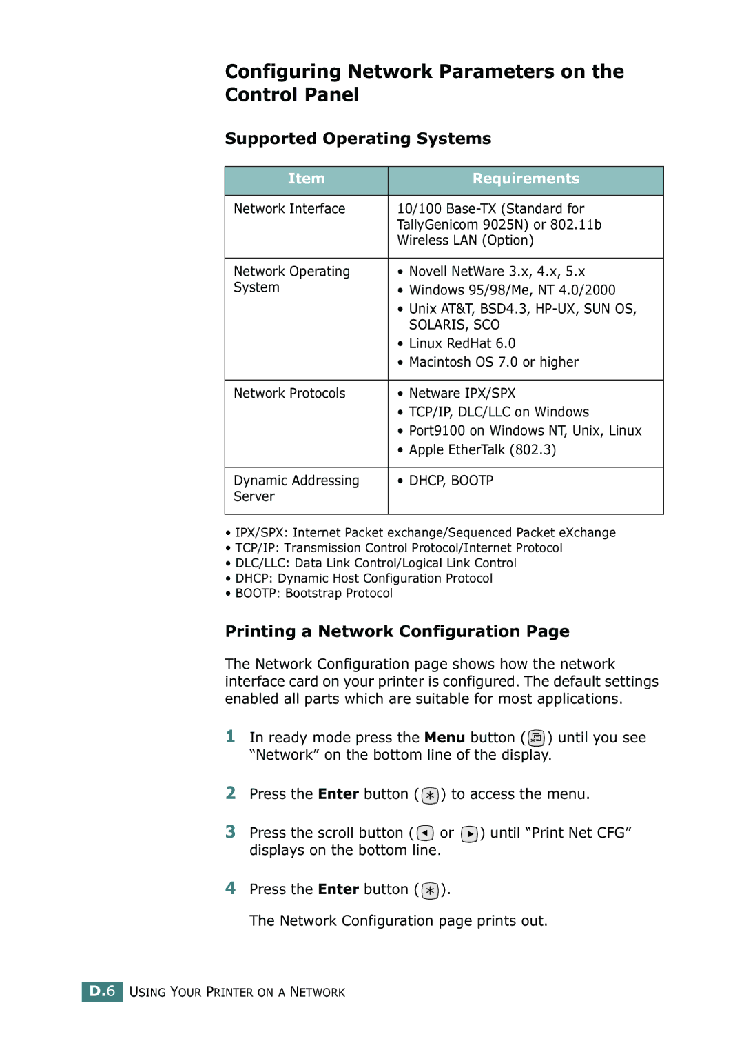 Tally Genicom 9025N manual Configuring Network Parameters on the Control Panel, Supported Operating Systems 