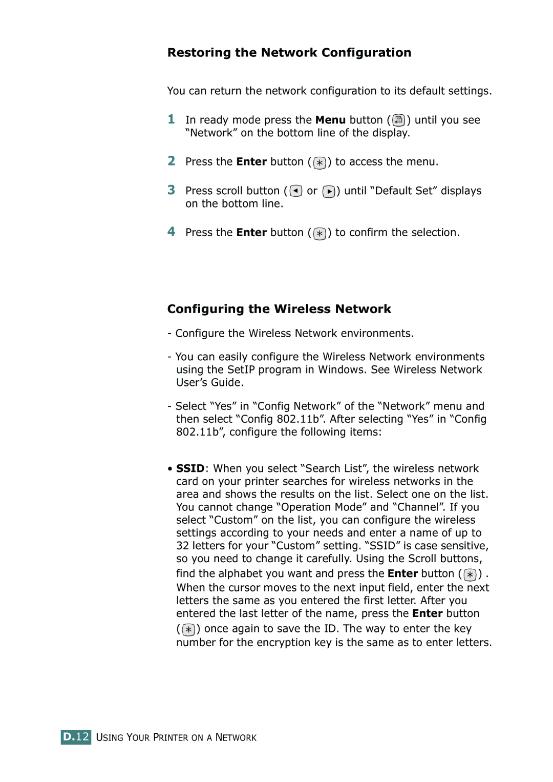 Tally Genicom 9025N manual Restoring the Network Configuration, Configuring the Wireless Network 