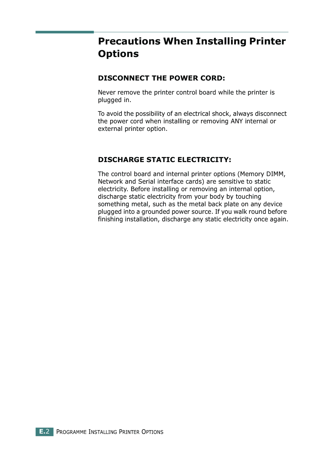 Tally Genicom 9025N manual Precautions When Installing Printer Options, Disconnect the Power Cord 