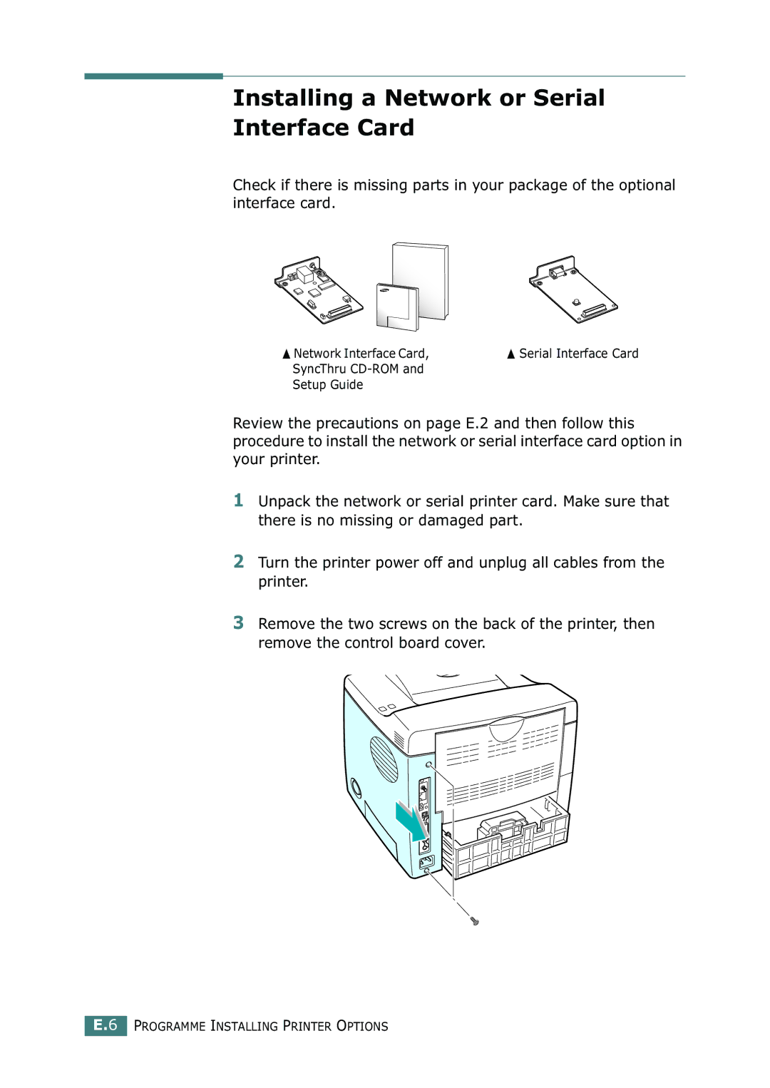 Tally Genicom 9025N manual Installing a Network or Serial Interface Card 