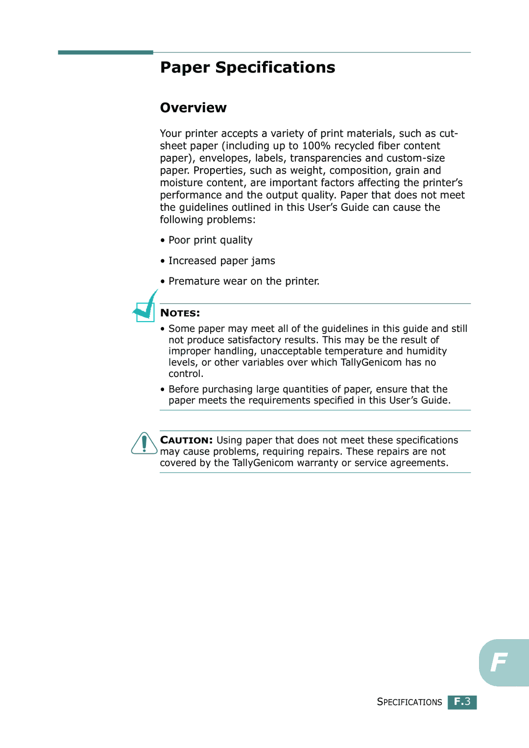 Tally Genicom 9025N manual Paper Specifications, Overview 