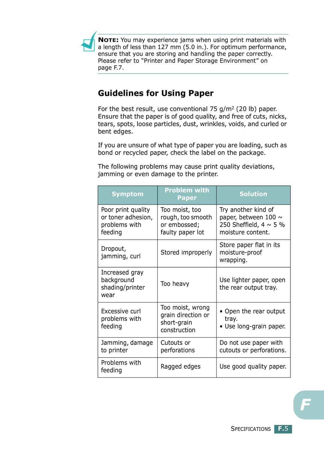 Tally Genicom 9025N manual Guidelines for Using Paper, Symptom Problem with Solution Paper 