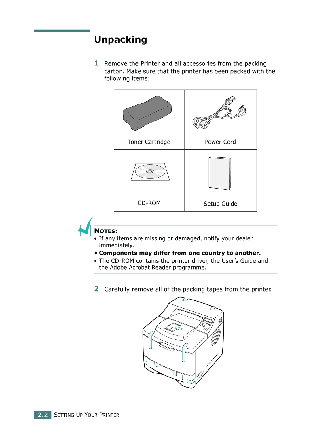 Tally Genicom 9025N manual Unpacking, Components may differ from one country to another 