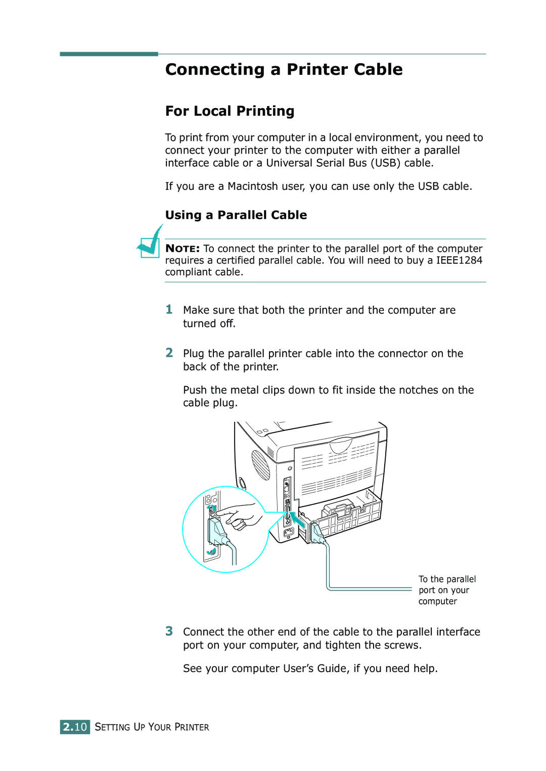 Tally Genicom 9025N manual Connecting a Printer Cable, For Local Printing, Using a Parallel Cable 