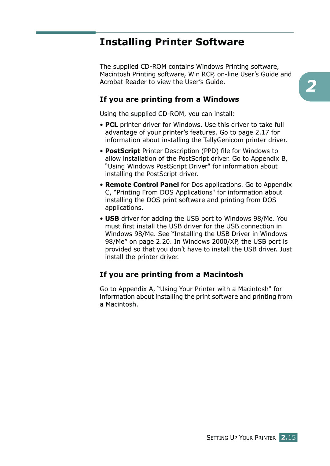 Tally Genicom 9025N Installing Printer Software, If you are printing from a Windows, If you are printing from a Macintosh 