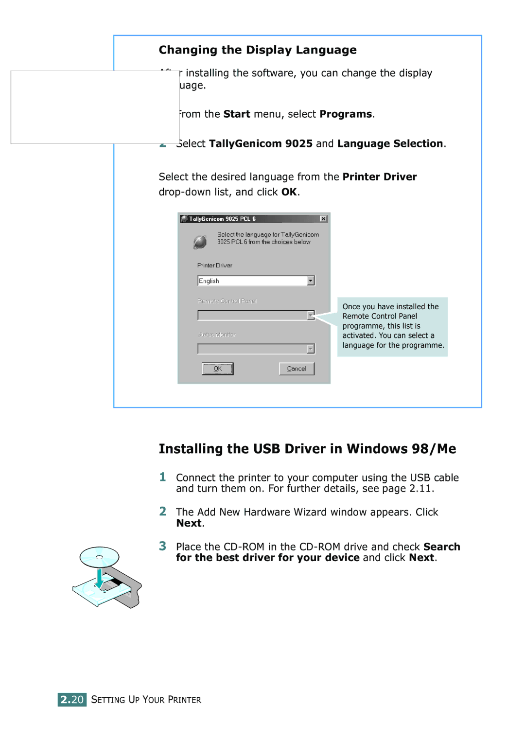 Tally Genicom 9025N manual Installing the USB Driver in Windows 98/Me, Changing the Display Language 