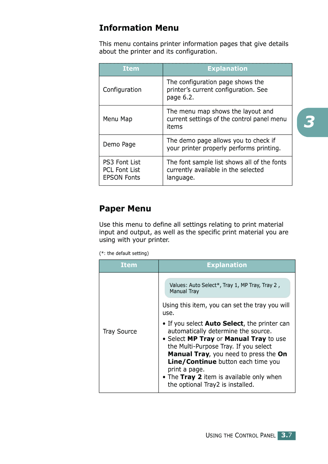 Tally Genicom 9025N manual Information Menu, Paper Menu, Explanation, Select MP Tray or Manual Tray to use 