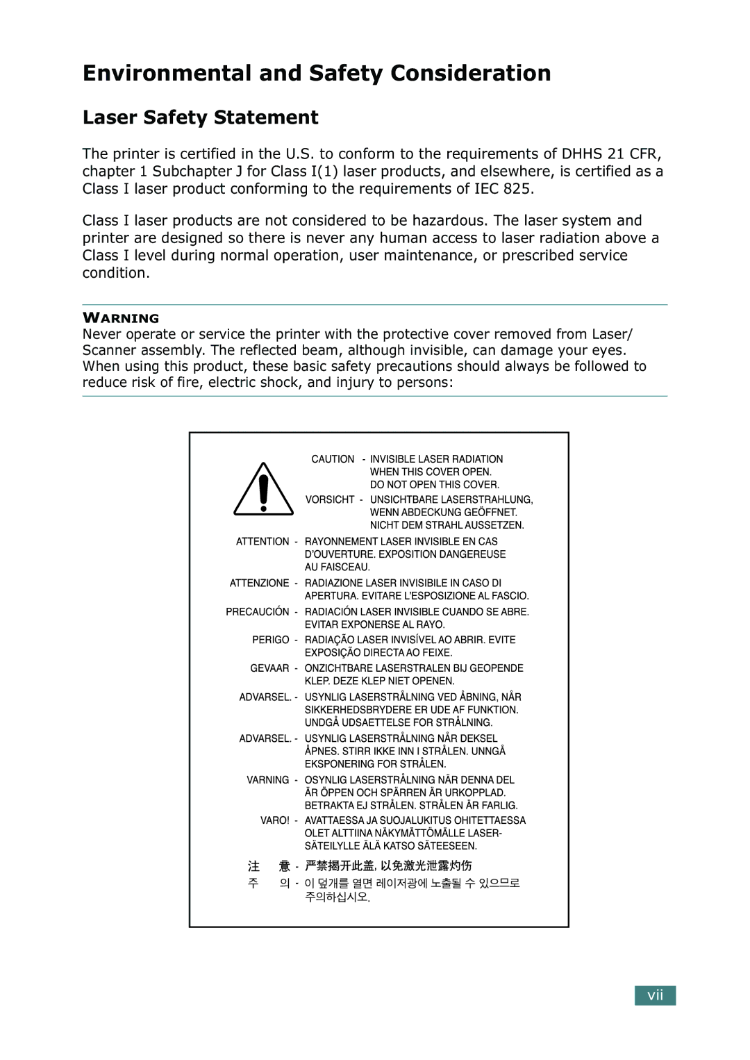 Tally Genicom 9025N manual Environmental and Safety Consideration, Laser Safety Statement 