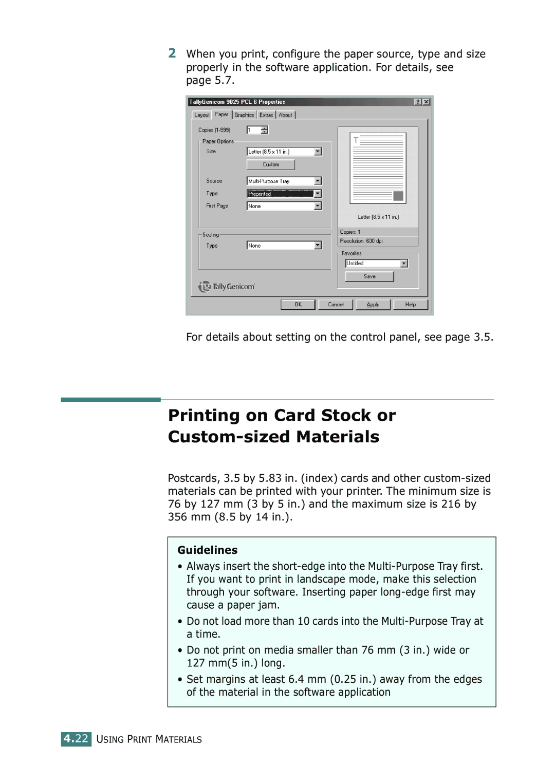 Tally Genicom 9025N manual Printing on Card Stock or Custom-sized Materials 