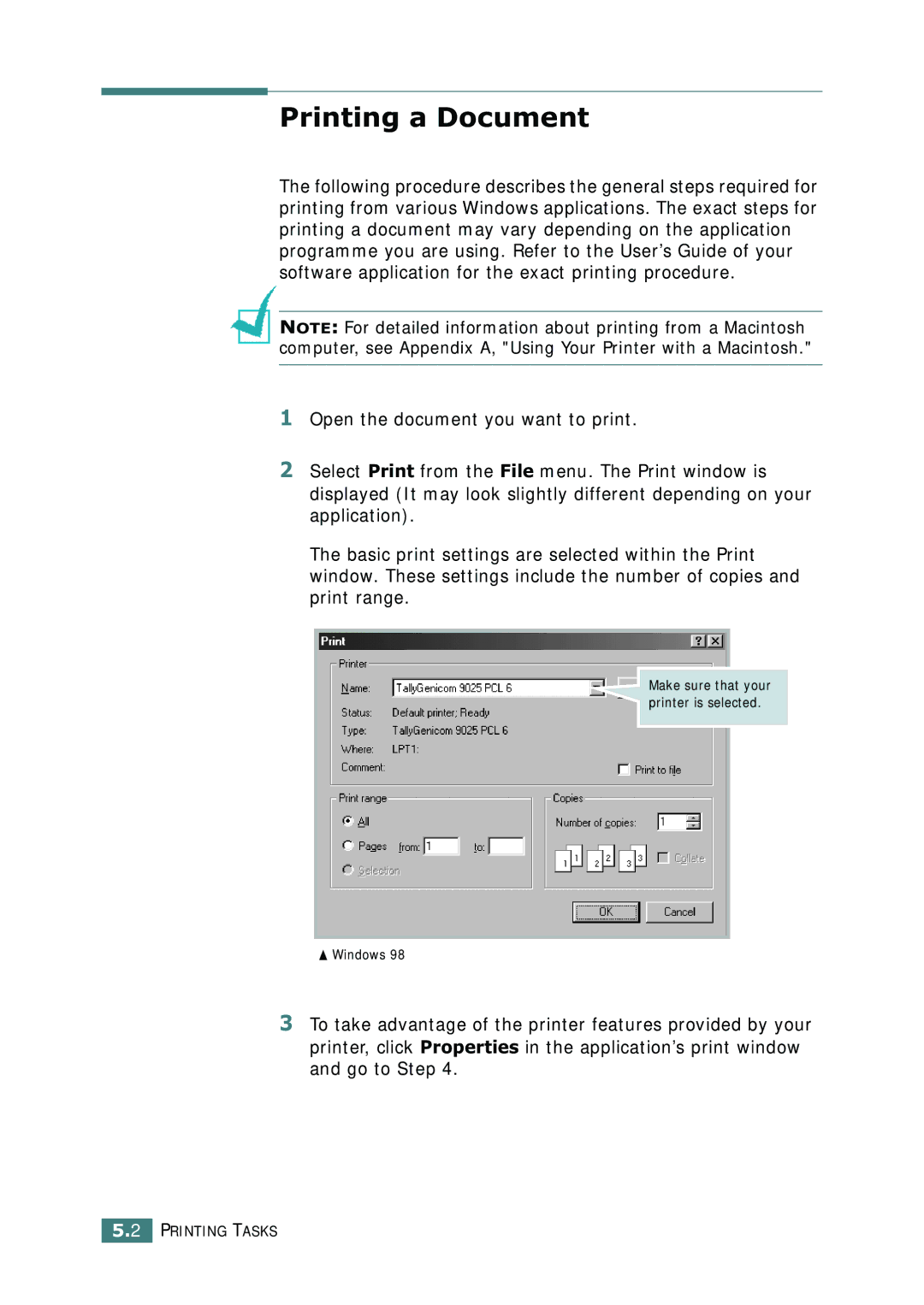 Tally Genicom 9025N manual Printing a Document 