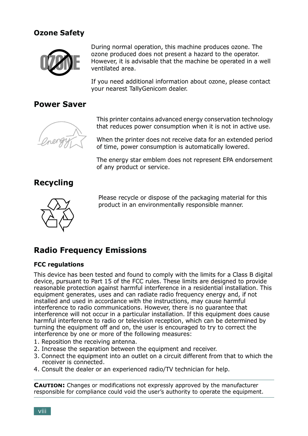 Tally Genicom 9025N manual Power Saver, Recycling, Radio Frequency Emissions, FCC regulations 