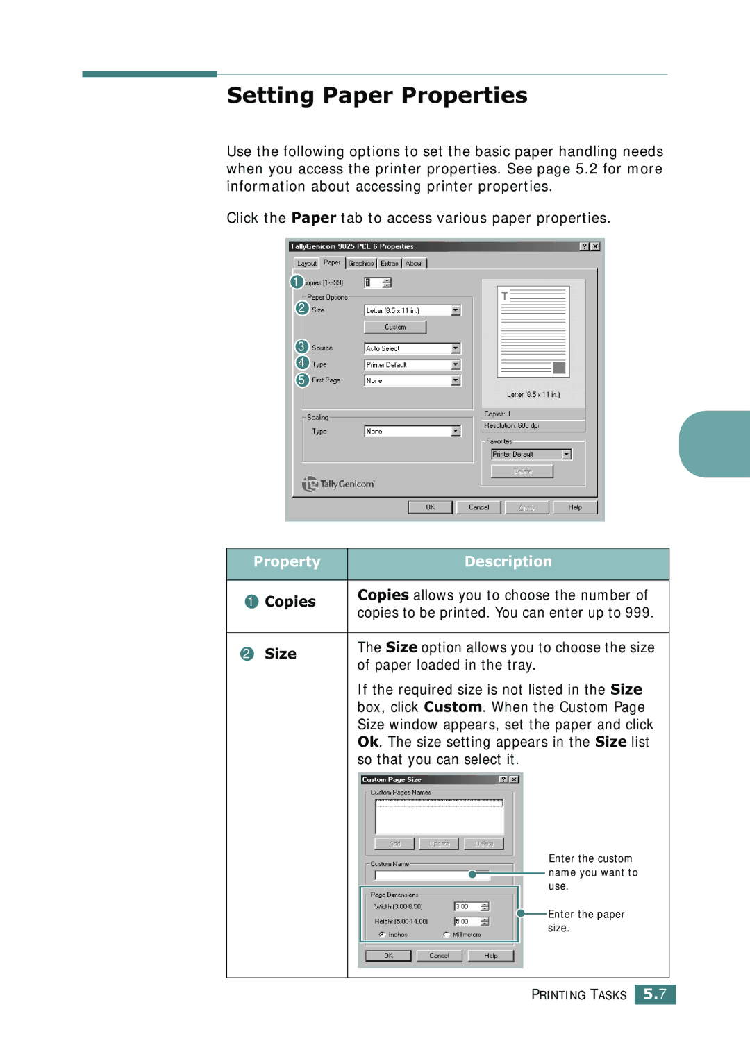 Tally Genicom 9025N manual Setting Paper Properties, Property Description, Copies, Size, Paper loaded in the tray 