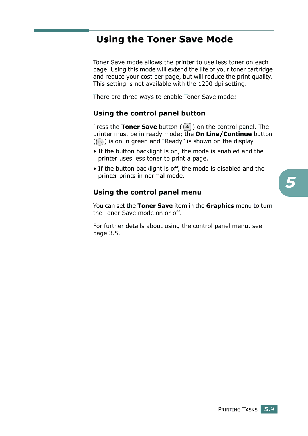 Tally Genicom 9025N manual Using the Toner Save Mode, Using the control panel button, Using the control panel menu 