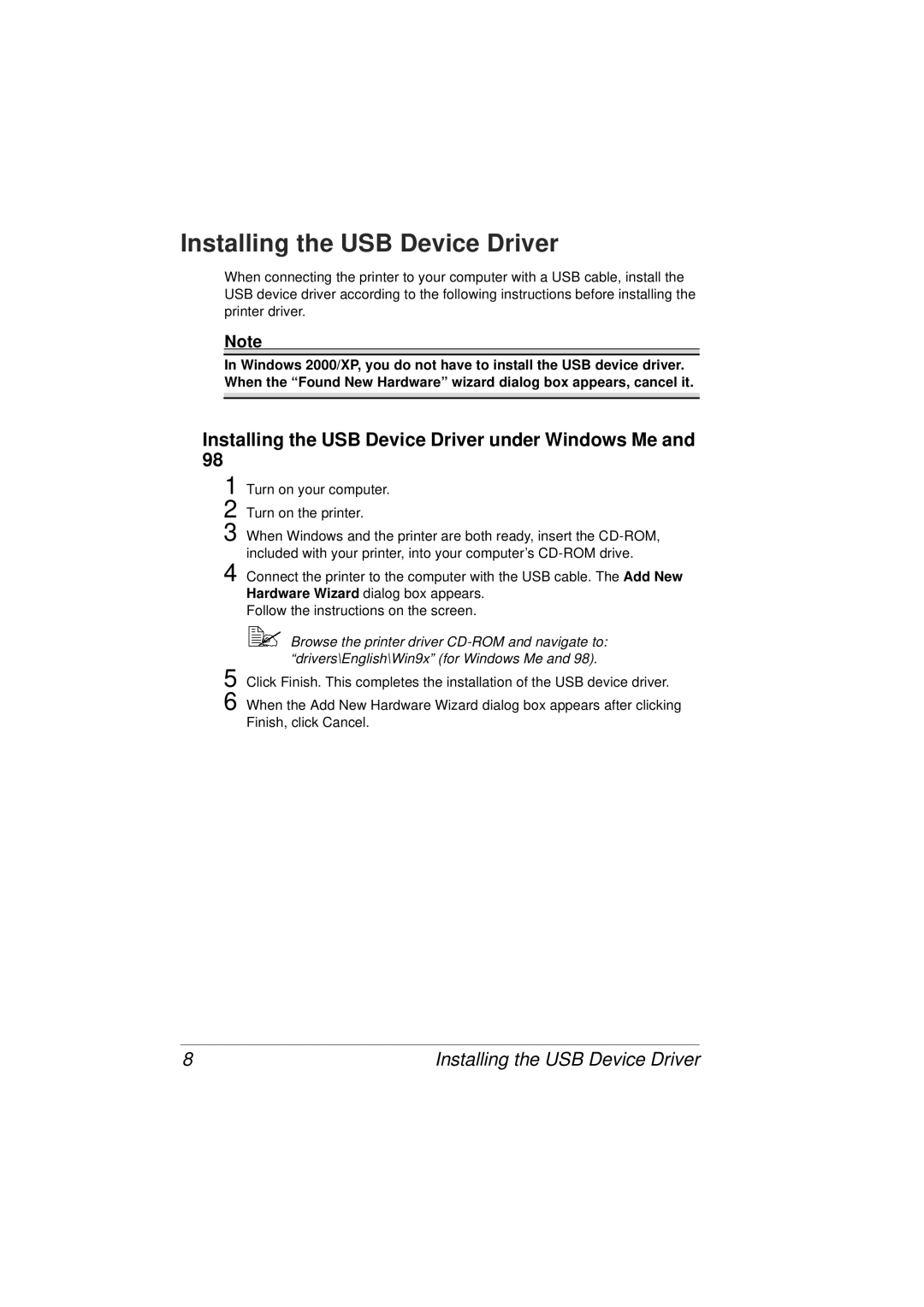 Tally Genicom 9316 manual Installing the USB Device Driver under Windows Me 