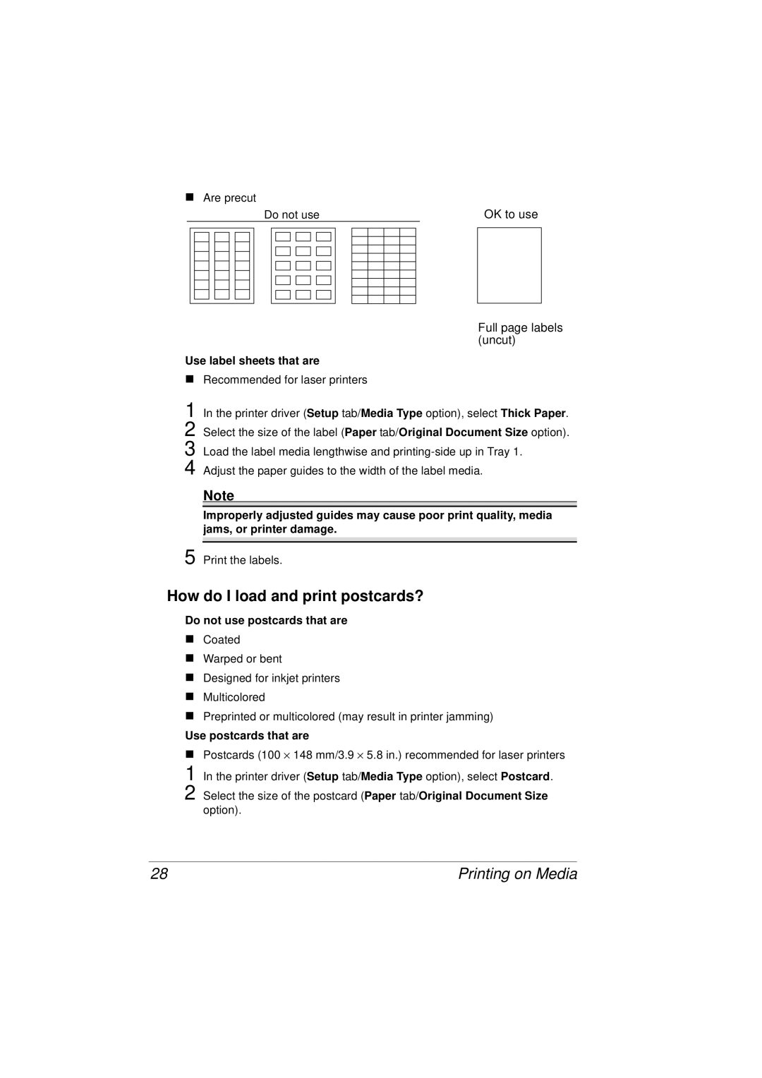 Tally Genicom 9316 manual How do I load and print postcards?, Use label sheets that are, Jams, or printer damage 