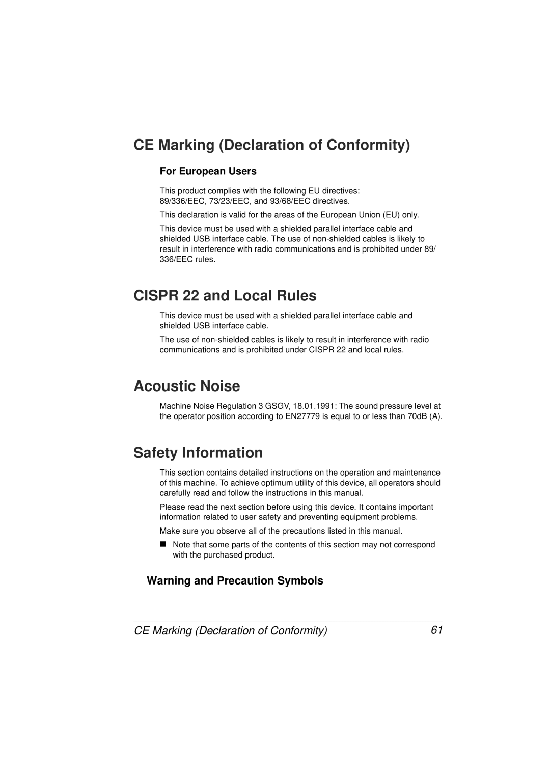 Tally Genicom 9316 CE Marking Declaration of Conformity, Cispr 22 and Local Rules, Acoustic Noise, Safety Information 