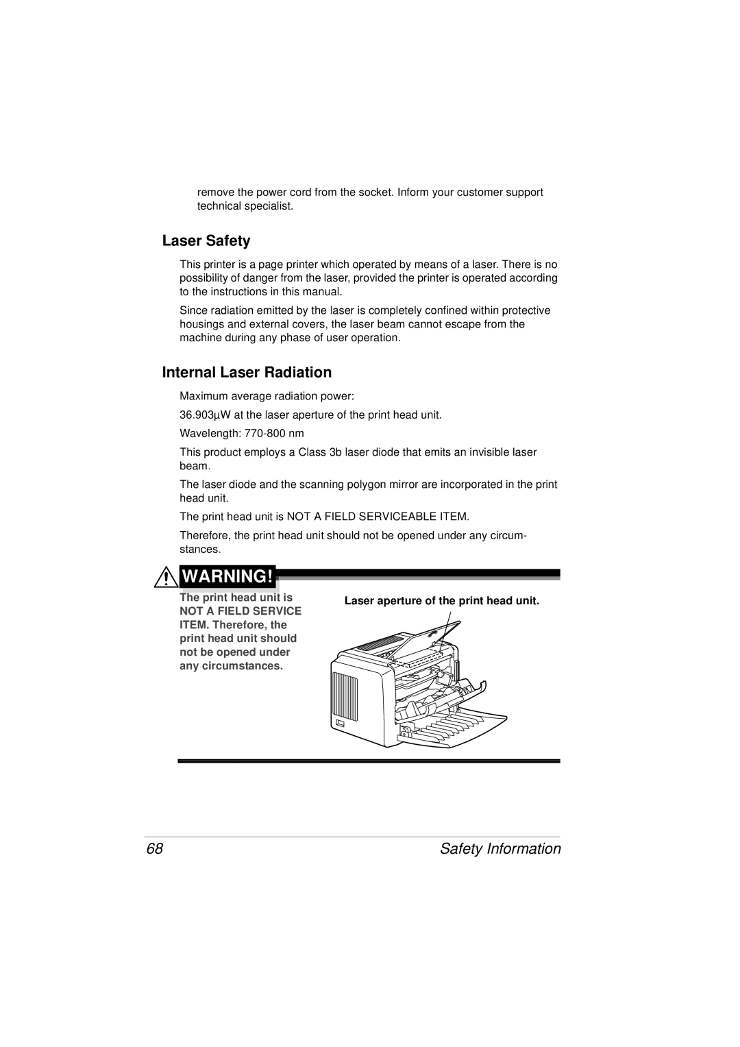 Tally Genicom 9316 manual Laser Safety, Internal Laser Radiation, Laser aperture of the print head unit 