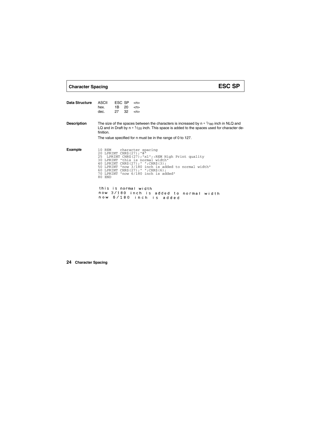 Tally Genicom Matrix Printer manual Esc Sp, Ascii ESC SP 