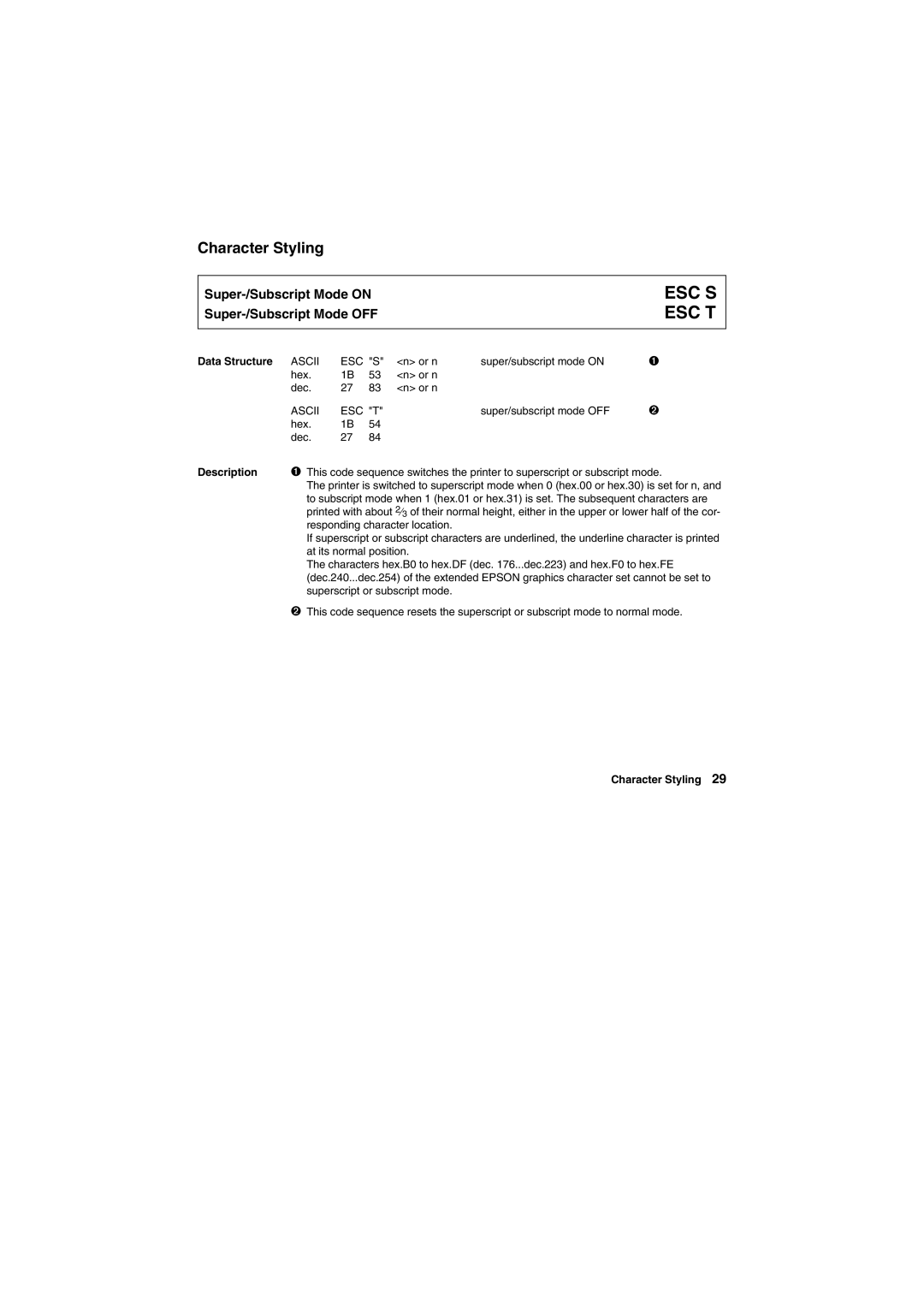 Tally Genicom Matrix Printer manual Esc S Esc T, Ascii ESC T, Character Styling 