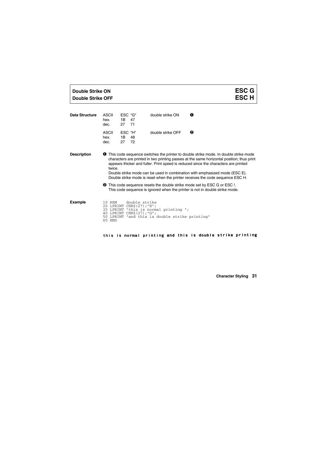 Tally Genicom Matrix Printer manual Esc G Esc H, Ascii ESC H 