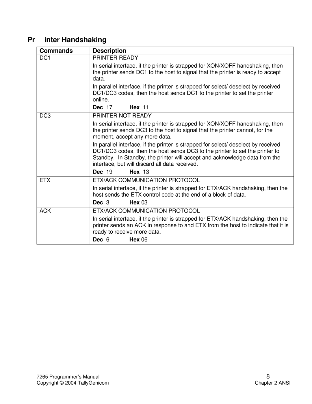 Tally Genicom Matrix Printer manual Pr inter Handshaking, DC1 Printer Ready, DC3 Printer not Ready 