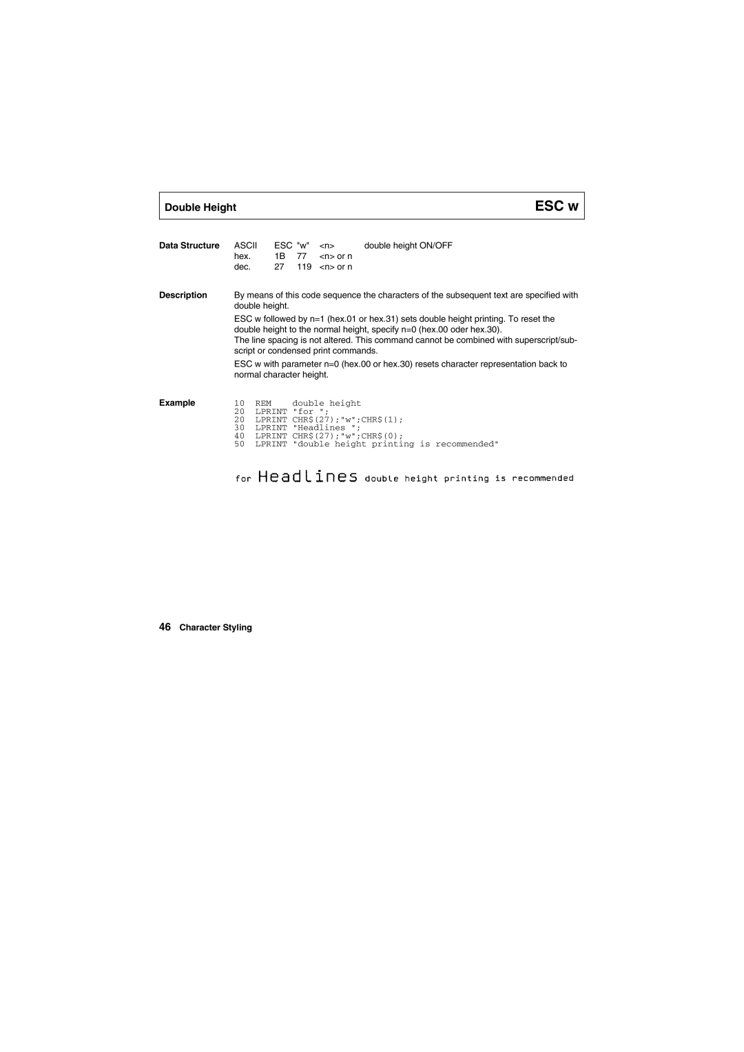 Tally Genicom Matrix Printer manual ESC w, Data Structure Ascii 